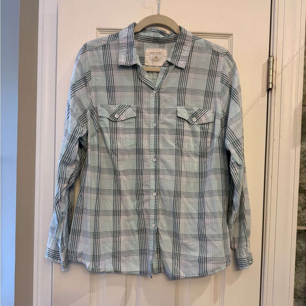 Sonoma Light Green and Gray Plaid Shirt